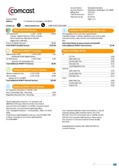 USA Utah Comcast business utility bill template in Word and PDF formats, version 1